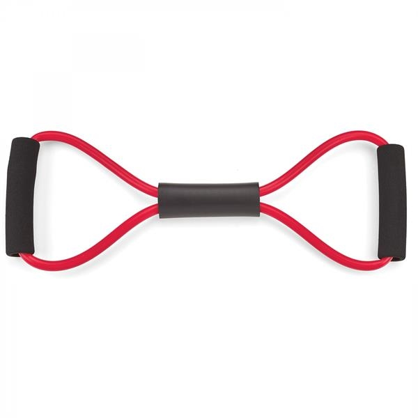 Red resistance band with black foam handles and central grip, shaped like a figure-eight for fitness exercises.