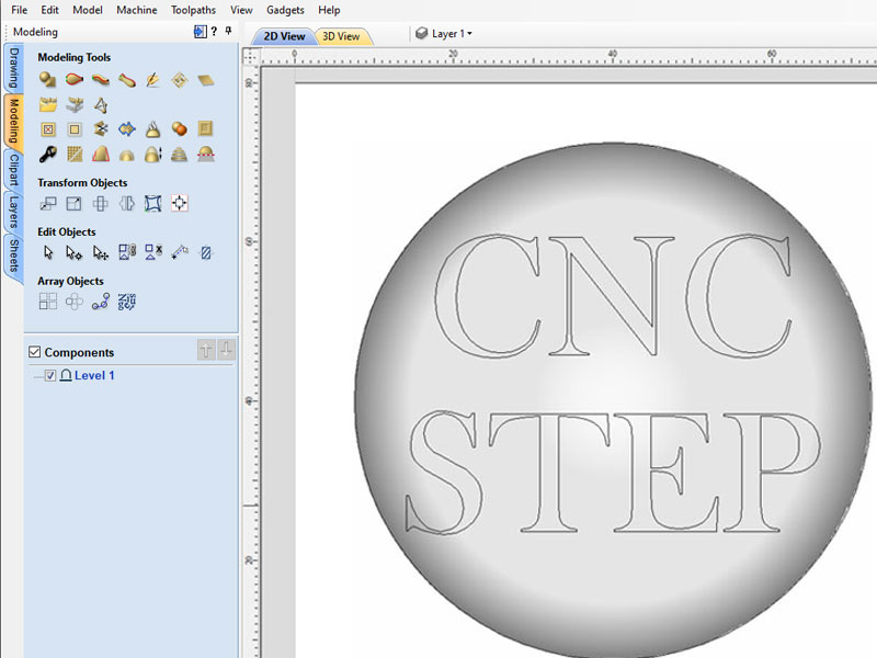 3D modeling software interface showing a spherical object with engraved "CNC STEP" text in wireframe view.