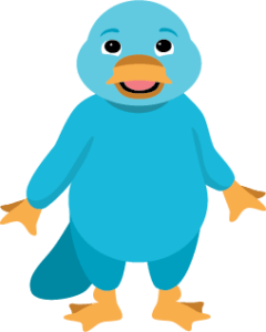 A cheerful blue cartoon platypus with orange bill, feet, and hands, standing upright with a friendly smile.