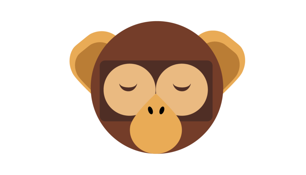 A stylized cartoon monkey face with closed eyes, wearing sunglasses, in flat design style.
