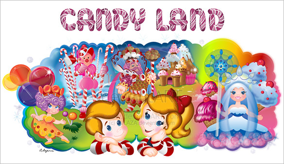 Vibrant Candy Land illustration featuring children, candy-themed characters, castles, and sweets in a whimsical fantasy setting.