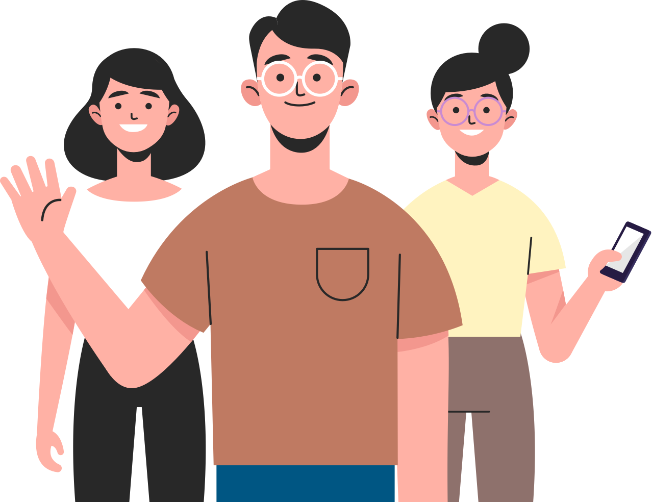 Three smiling diverse people-two women and one man-waving, holding a smartphone, and standing together in a friendly group pose.
