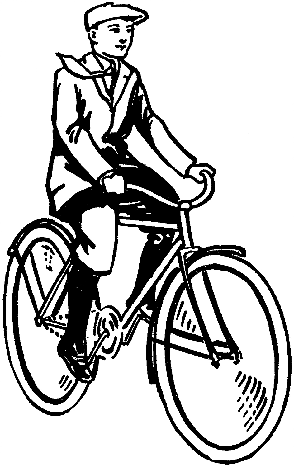 Black-and-white line drawing of a man in vintage attire riding a classic bicycle.