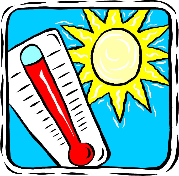 A cartoon-style thermometer showing high temperature next to a bright yellow sun against a blue sky.