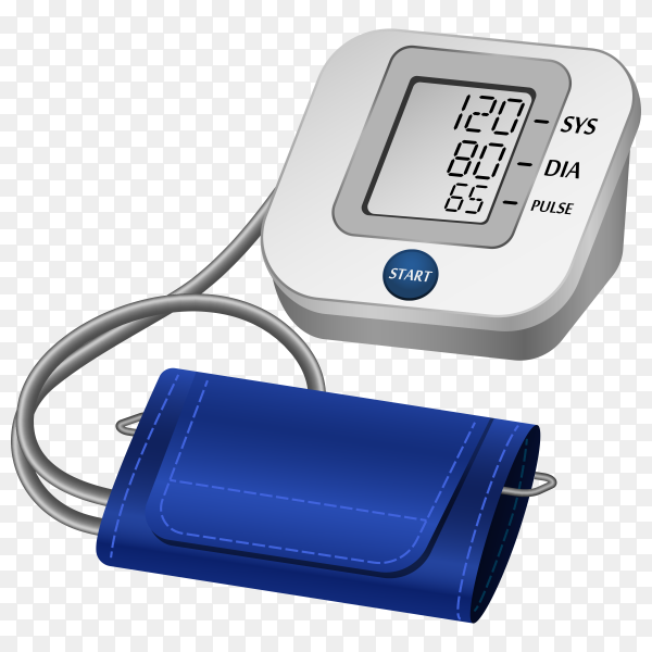 Digital blood pressure monitor with blue cuff displaying systolic 120, diastolic 80, and pulse 65.