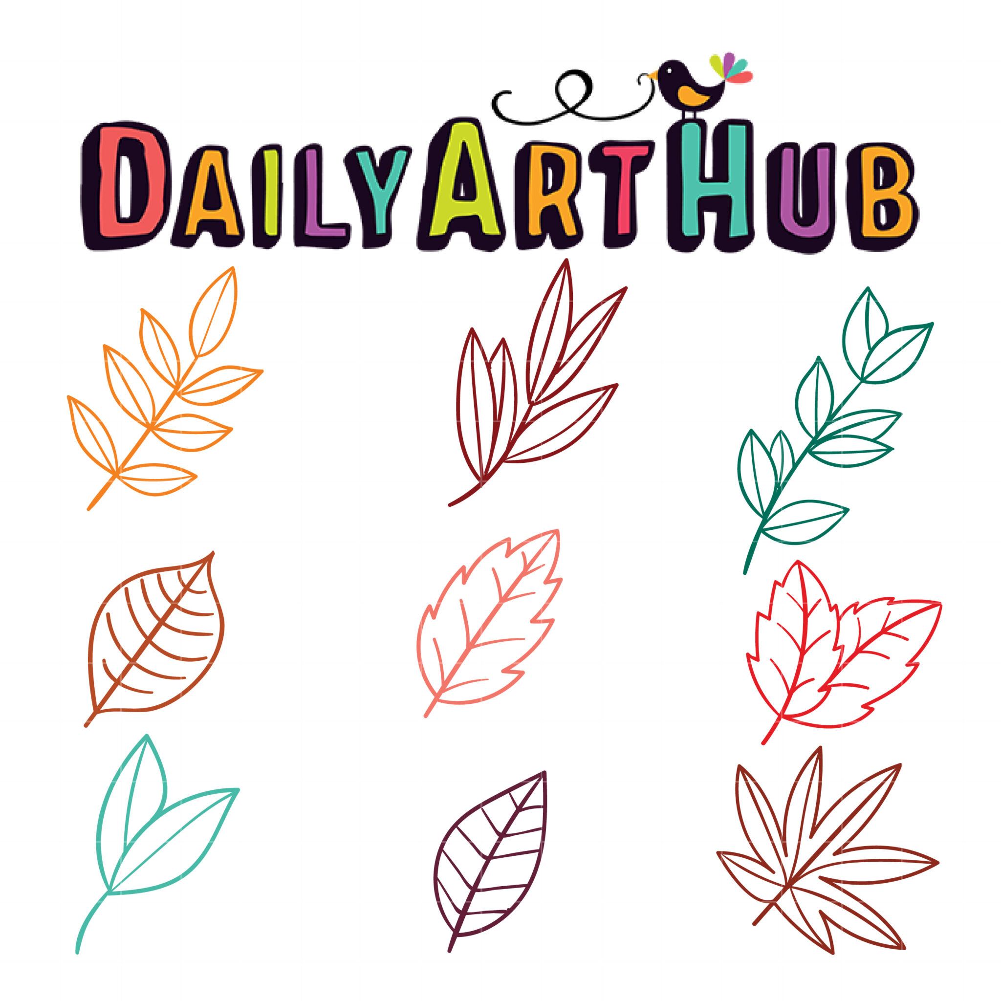 Colorful "DailyArtHub" logo with playful bird and nine hand-drawn leaf illustrations in varied styles and hues.