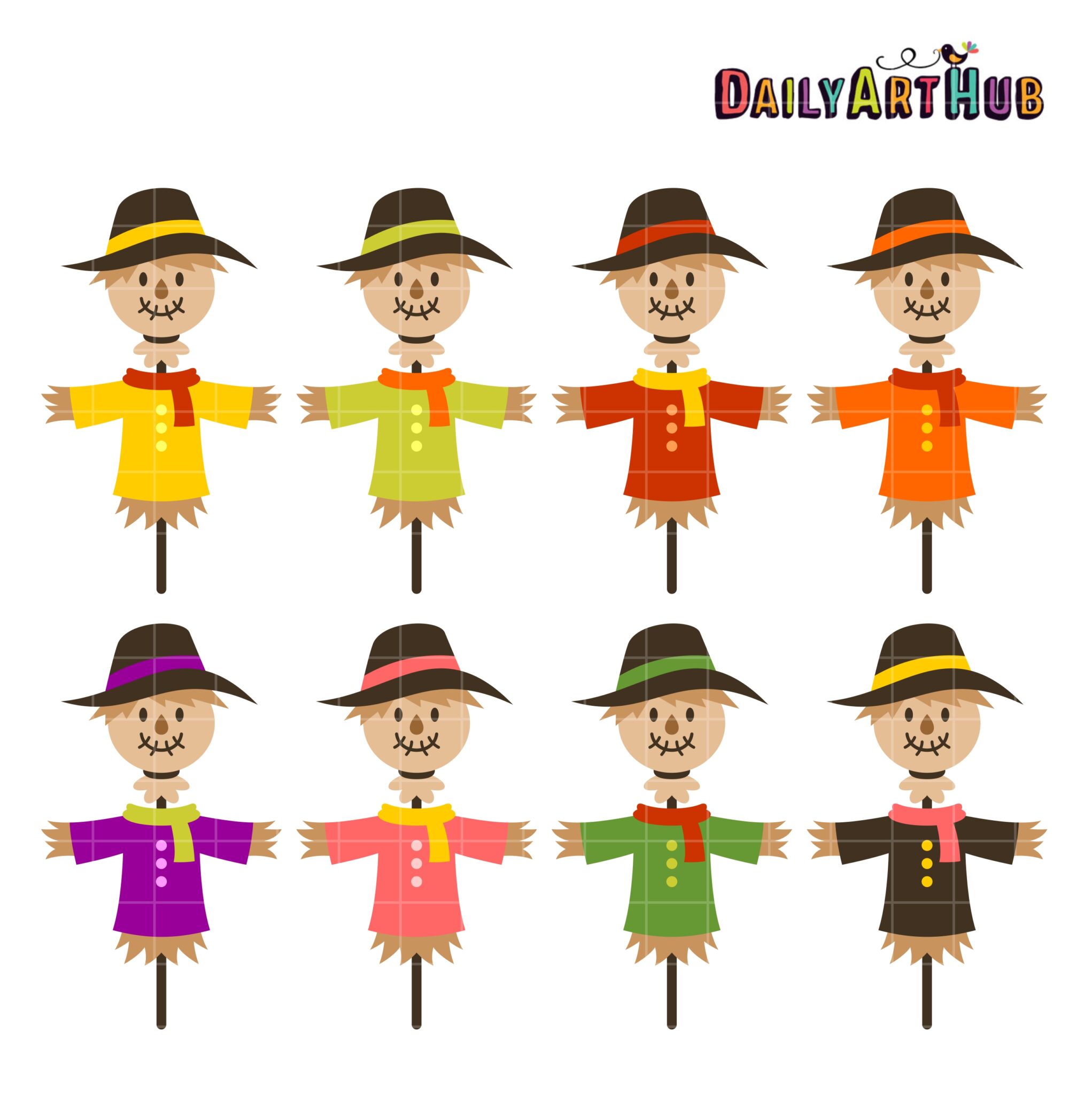 Eight colorful cartoon scarecrows in autumn outfits with hats and scarves, arranged in two rows.