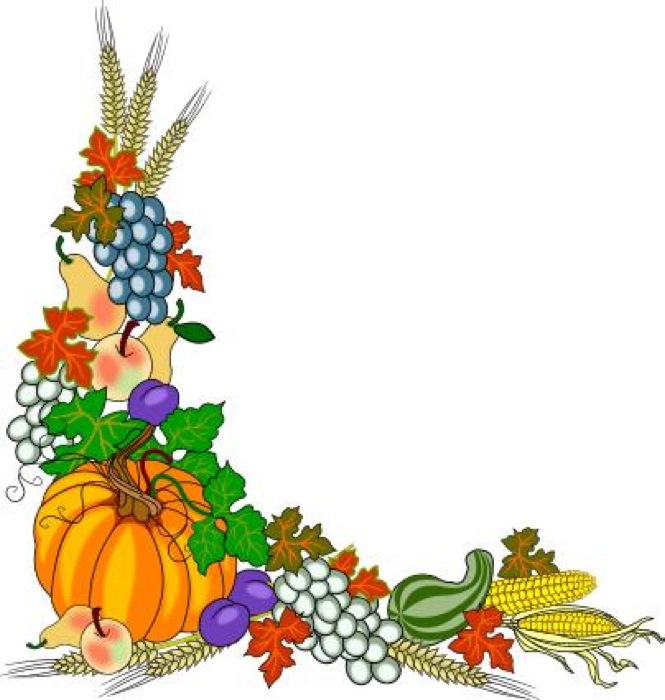 Autumn harvest corner illustration with pumpkin, grapes, corn, wheat, apples, and fall leaves.
