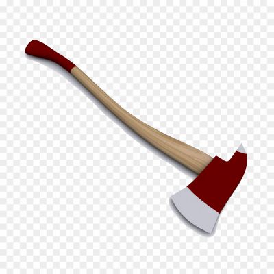 Red and white firefighting axe with wooden handle on transparent background.