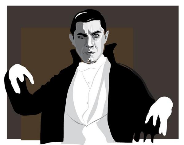 Classic black-and-white illustration of a vampire in formal attire with dramatic pose and pale face.