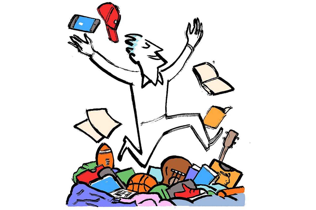 A cartoon figure leaps joyfully from a pile of scattered belongings-books, sports gear, phone, cap-symbolizing decluttering or life transition.
