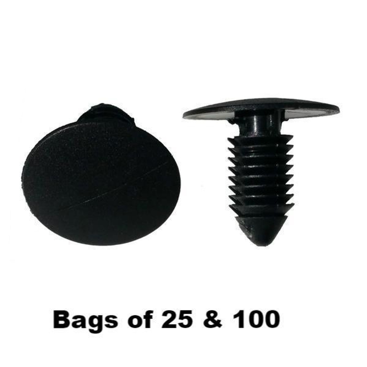 Black plastic push-in rivet fasteners shown from top and side views; available in bags of 25 and 100.