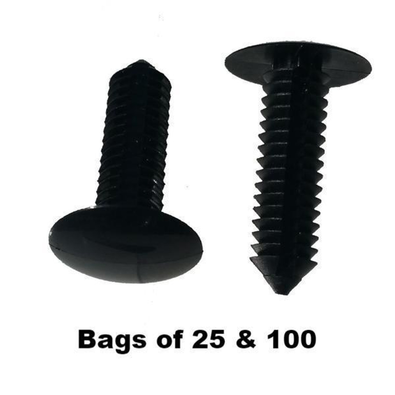 Two black plastic push-in rivet fasteners, one with a dome head and one with a flat head, shown against white background.