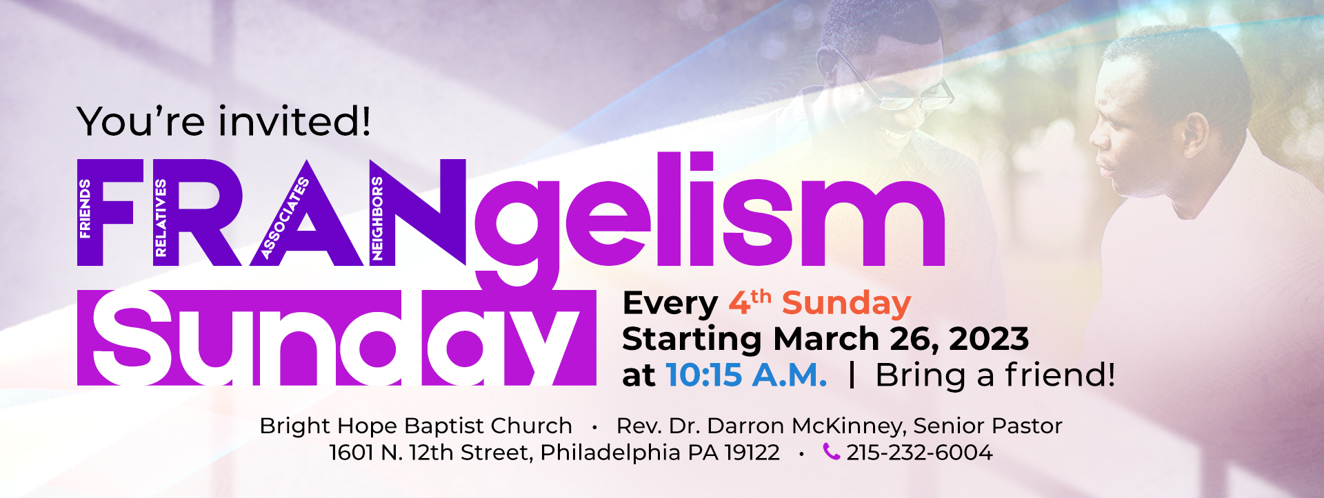 Invitation graphic for "FRANgelism Sunday" at Bright Hope Baptist Church, featuring two men in conversation and event details.