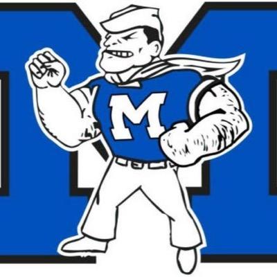 Mascot character in blue "M" jersey with sailor cap, flexing muscles against bold blue "Y" background.