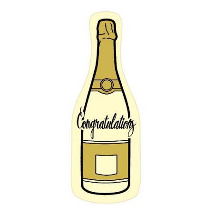 Illustrated champagne bottle with "Congratulations" script, gold foil, and cream background.