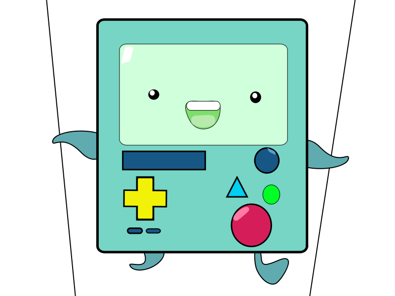 A cheerful, cartoon-style turquoise Game Boy-shaped character with a smiling face, colorful buttons, and small arms and legs.