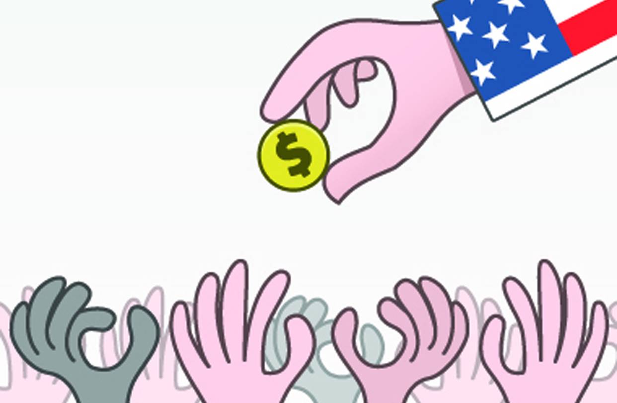 A hand with a U.S. flag sleeve drops a dollar coin toward a crowd of raised hands, symbolizing government aid or funding distribution.