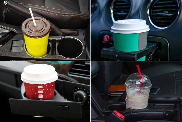 Four car cup holder setups showing different beverage containers: plastic cup with lid and straw, paper coffee cups, and a clear iced drink.