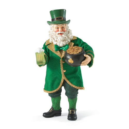 Leprechaun figurine in green suit with top hat, holding pot of gold and beer mug.