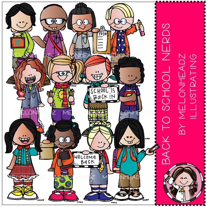 Diverse group of cheerful cartoon students holding school supplies and signs like "School is Back In" and "Welcome Back", illustrated by Melonheadz.