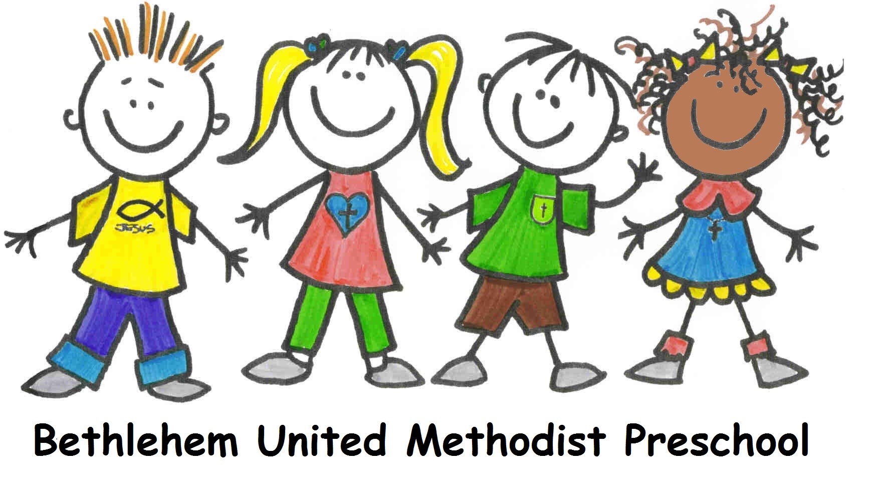 Four diverse, smiling stick-figure children in colorful clothes with Christian symbols, representing Bethlehem United Methodist Preschool.
