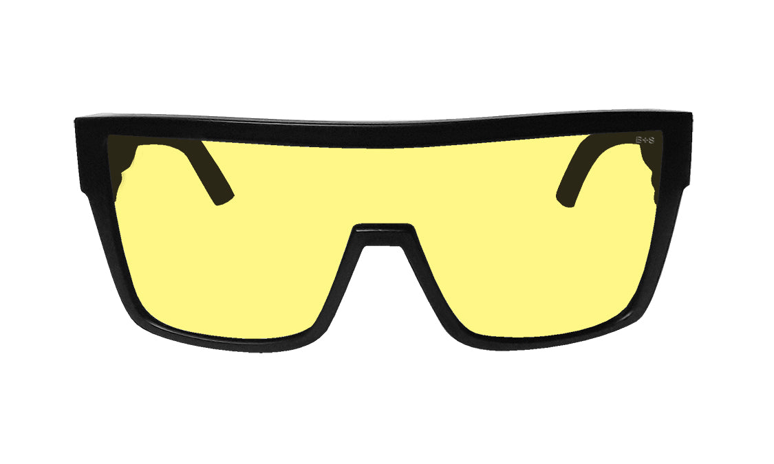 Black-framed yellow-tinted sporty sunglasses with shield-style lens and B+S logo on temple.