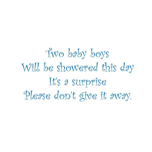Blue cursive text announcing a surprise baby shower for two baby boys.