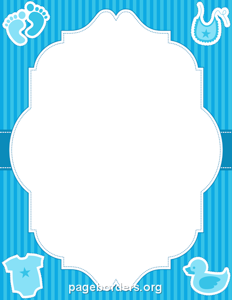 Blue baby-themed decorative border with footprints, bib, onesie, and duck on striped background.