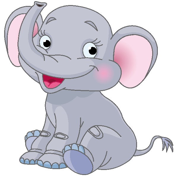 Cute cartoon baby elephant sitting, smiling with pink inner ears, gray skin, and blue toenails.