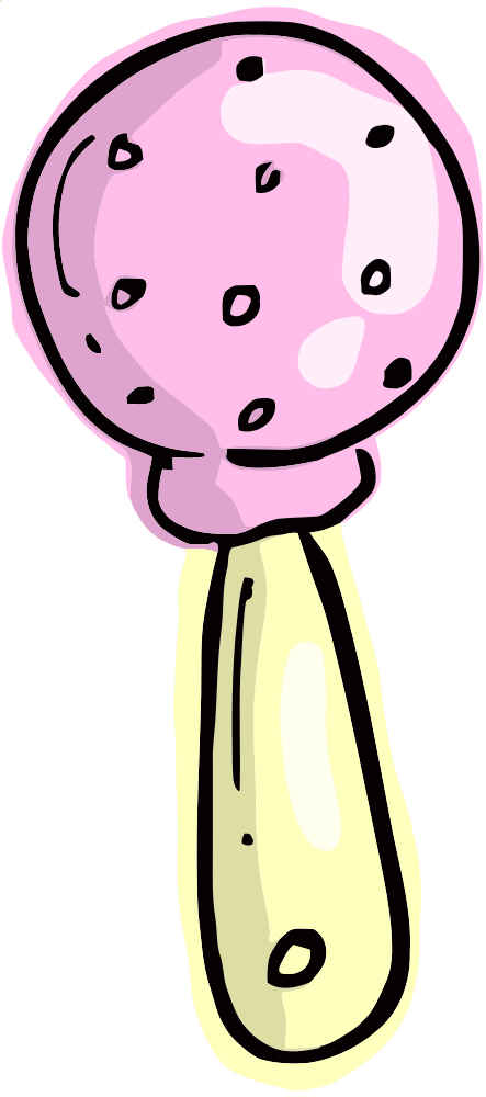 Pink ice cream scoop with black speckles and a pale yellow handle, cartoon-style illustration.