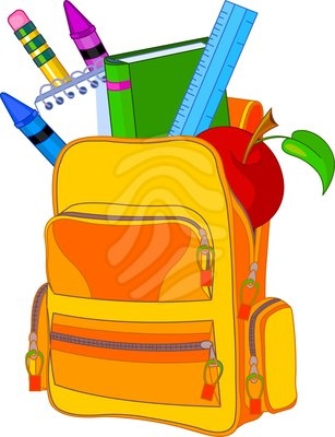 Bright yellow backpack filled with school supplies including crayons, notebook, ruler, and red apple.