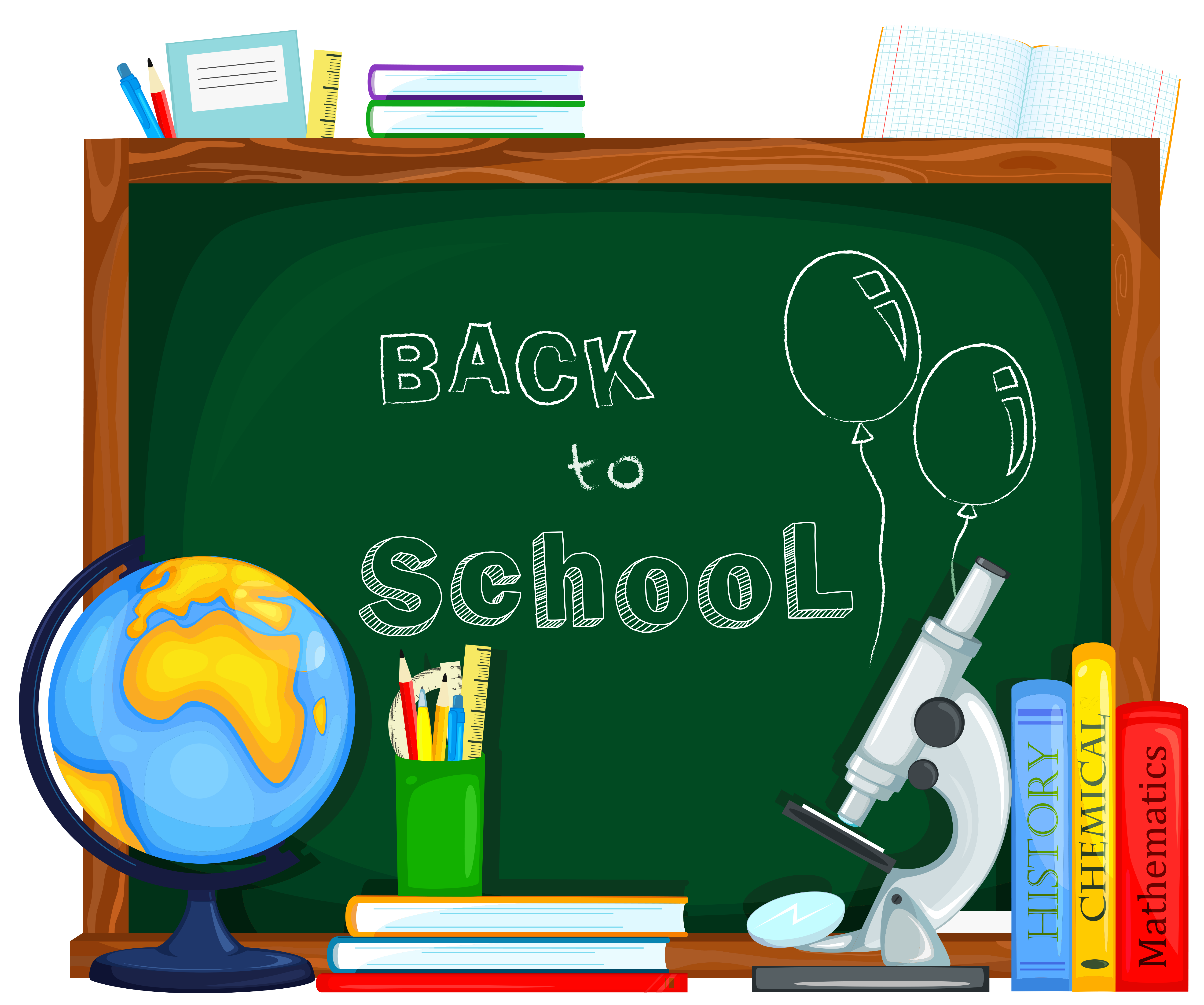Chalkboard with "Back to School" text, globe, microscope, books, pencils, and balloons on a wooden desk.