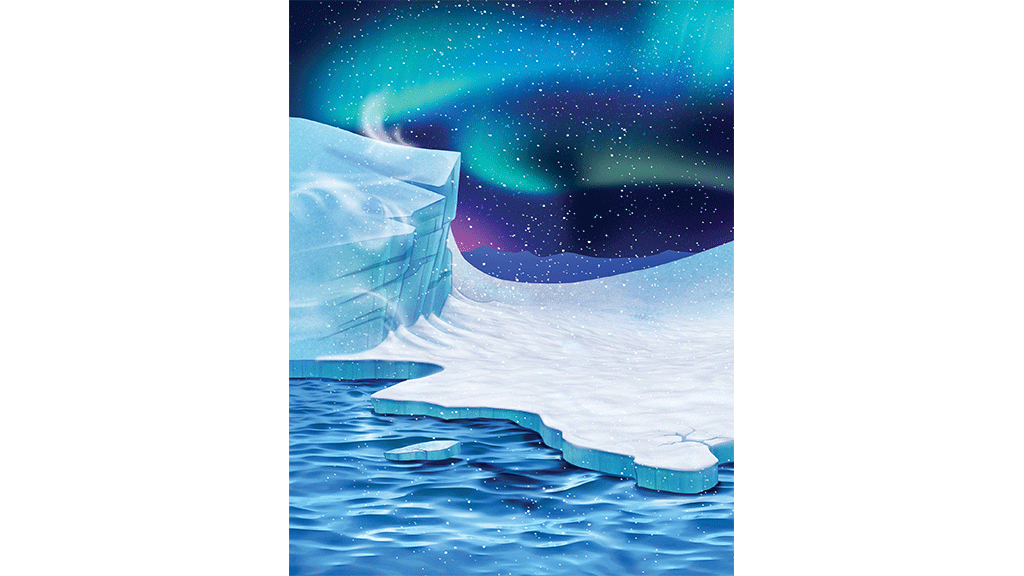 Aurora borealis glowing over icy cliffs and snow-covered floes in a serene Arctic seascape.