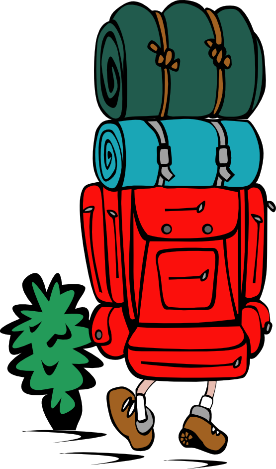 Cartoon hiker with oversized red backpack carrying rolled green and blue sleeping bags, walking past a small pine tree.