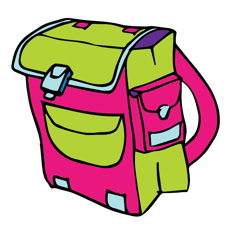 Vibrant cartoon-style school backpack in pink and lime green with blue accents and multiple pockets.