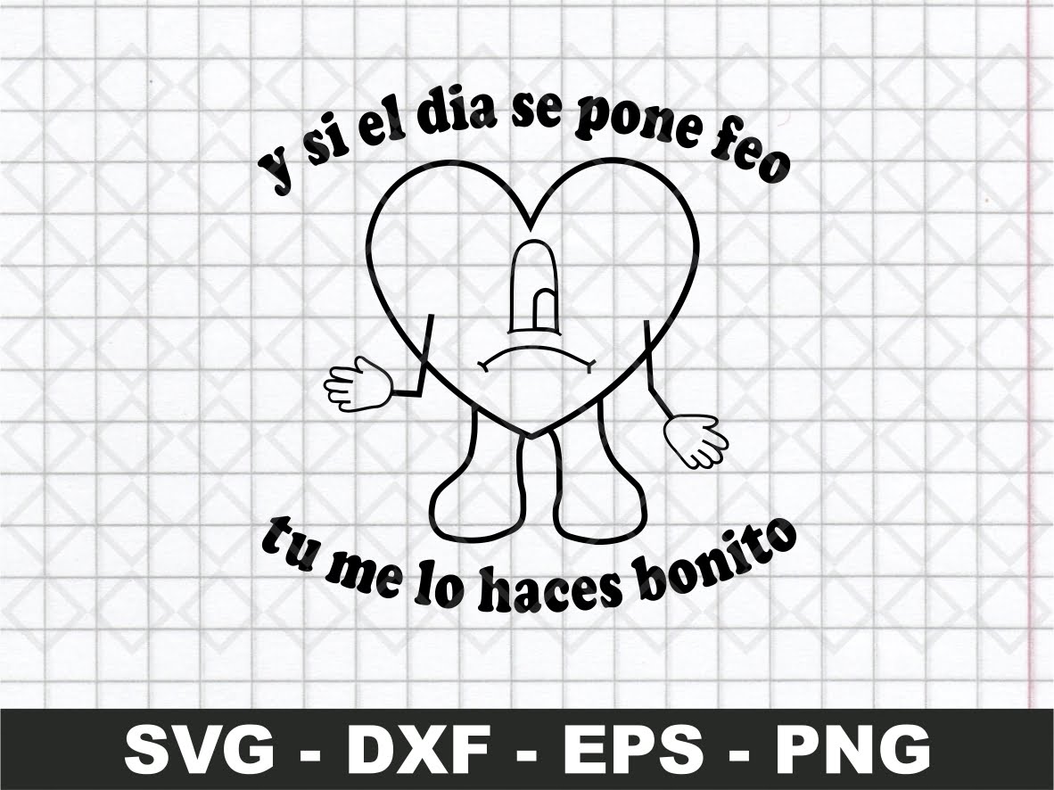 Heart-shaped cartoon character with arms and legs, text in Spanish: "y si el dia se pone feo, tu me lo haces bonito" on grid paper background.