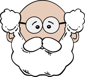 Cartoon illustration of a bald, bespectacled man with a large white beard and expressive eyes, hands raised in surprise or excitement.