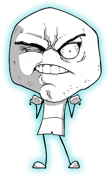 Angry cartoon character with furrowed brows, gritted teeth, and clenched fists, outlined in teal.
