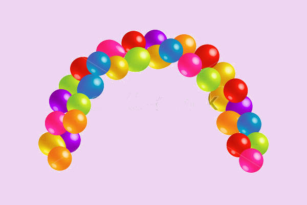 A vibrant arch of multicolored balloons arranged in a rainbow-like curve against a soft lavender background.
