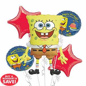 SpongeBob SquarePants foil balloon bouquet with star and circular birthday balloons, festive and colorful.