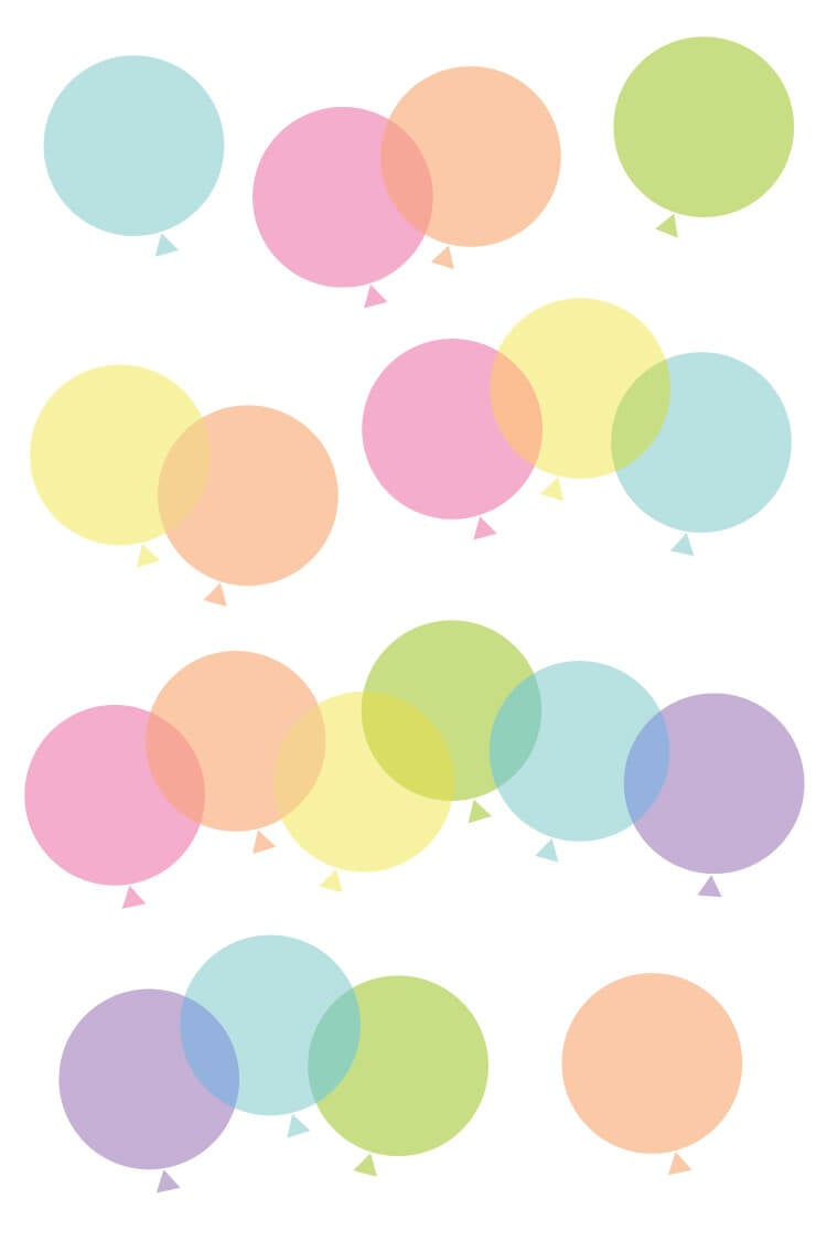 Pastel-colored balloons in soft pink, peach, mint, yellow, lavender, and green, overlapping on white background.