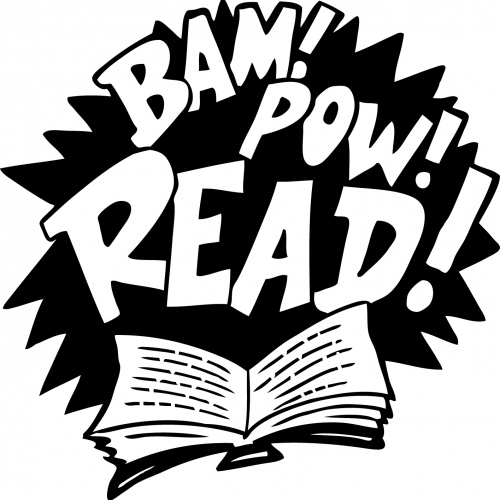 Comic-style burst with "BAM! POW! READ!" above an open book, promoting energetic reading.