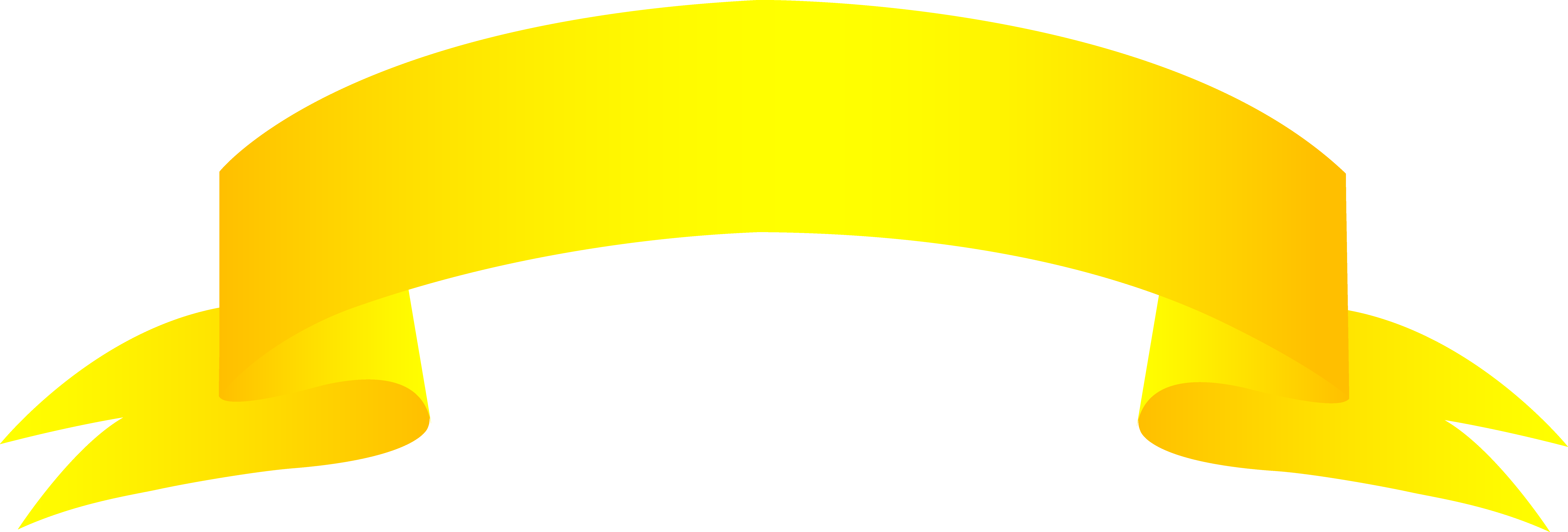 A vibrant yellow abstract ribbon-like shape with a 3D effect, curving upward and flaring at both ends against a white background.