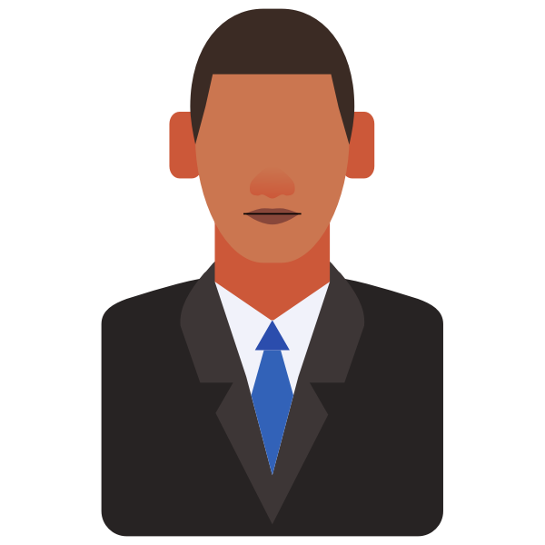 Flat-style illustration of a man in a dark suit, white shirt, and blue tie, with short brown hair and neutral expression.