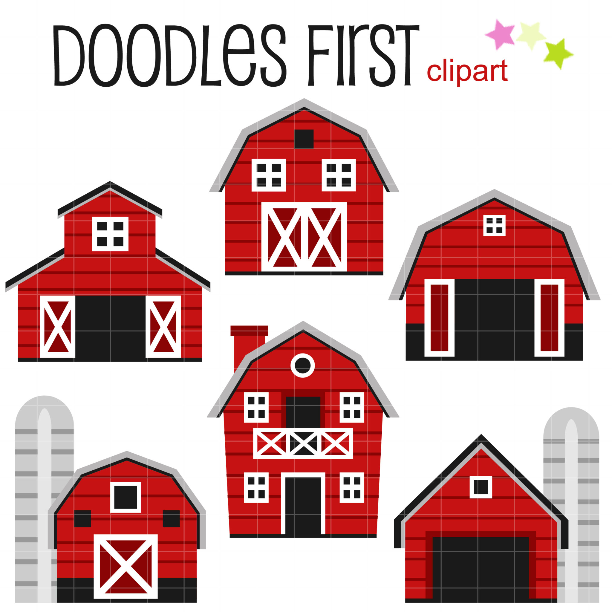 Collection of six red barn clipart illustrations with white trim, black doors, and gray roofs; includes silos and decorative stars.