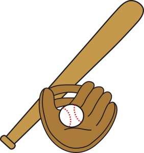 A cartoon-style baseball bat resting diagonally across a brown leather glove holding a white baseball with red stitching.