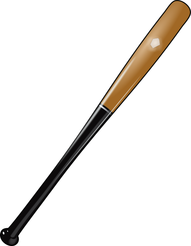 Wooden baseball bat with black barrel and white logo on handle, isolated on black background.