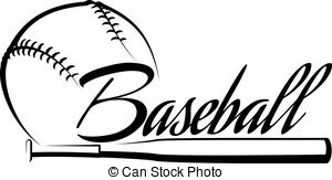 Black-and-white illustration of a baseball with stitching, overlaid by cursive "Baseball" text and a bat beneath.