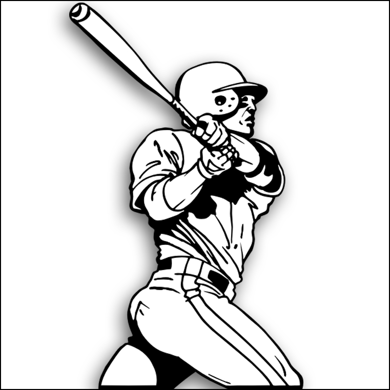 Black-and-white line art of a baseball player mid-swing, wearing helmet and uniform, bat raised high in ready stance.